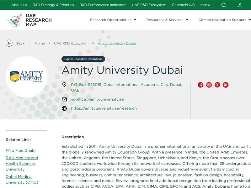 Amity University Dubai Featured in the UAE Research Map